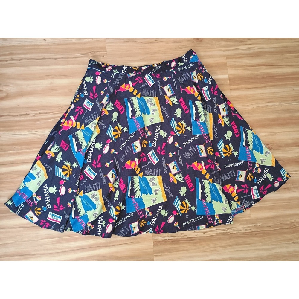 ModCloth Navy Blue Tropical Caribbean Travel Postcard Print A-Line Skirt 2X - Picture 2 of 9